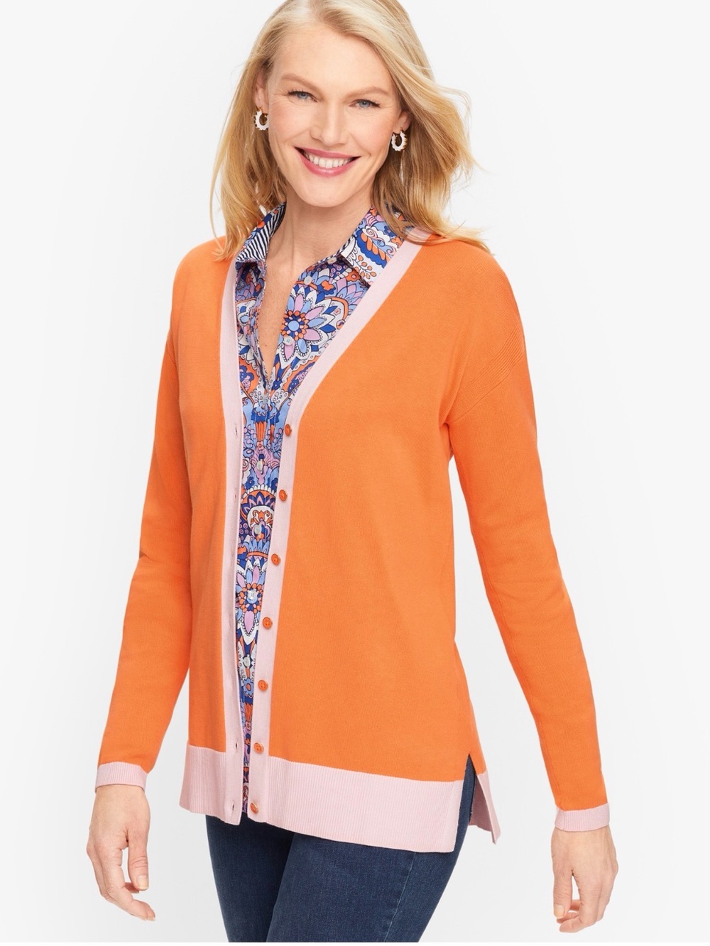 Talbots Girlfriend Cardigan Sweater Orange Pink Med V-Neck